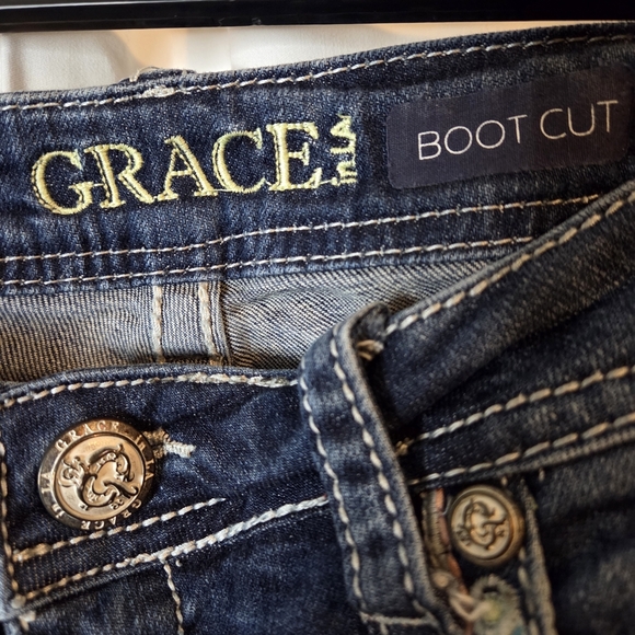 Grace In LA Dark Blue Distressed Boot Cut Jeans Embellished Pockets Size 31 - Picture 4 of 14